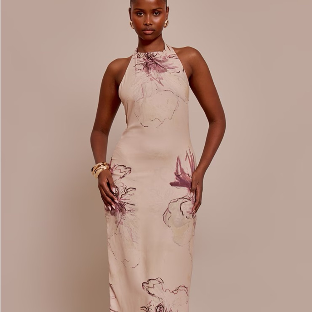 New Prettylittlething Elegant Floral Halter Dress